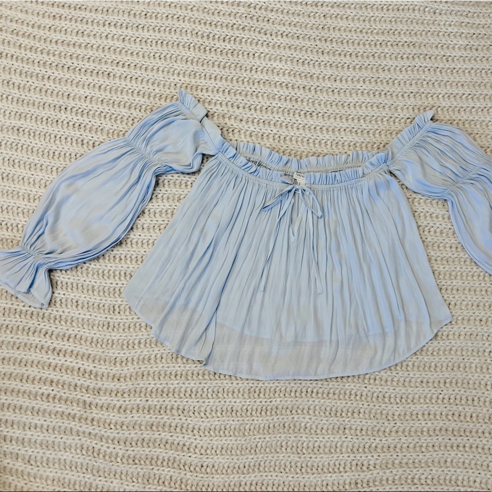 Blue Shear off the shoulder top